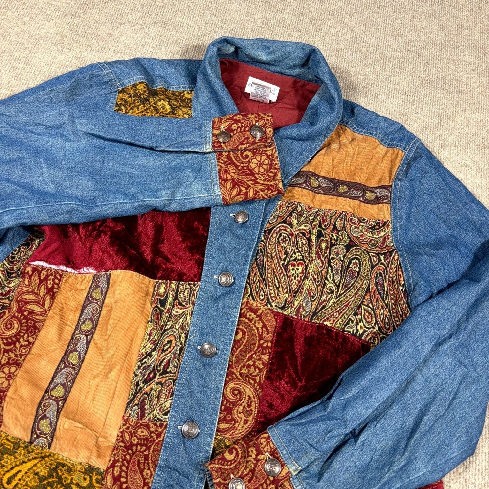 Vintage Fashion Bug Denim Jacket Womens XL Multicolor Patchwork Paisley Cotton